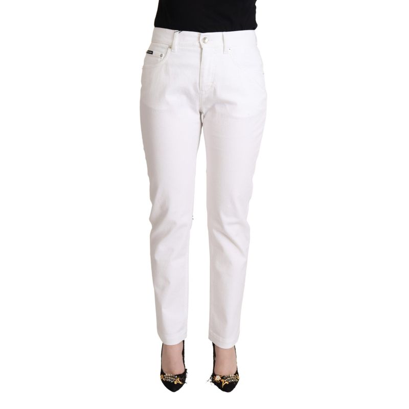 Dolce & Gabbana White Cotton Mid Waist Denim Tapered Women's Jeans